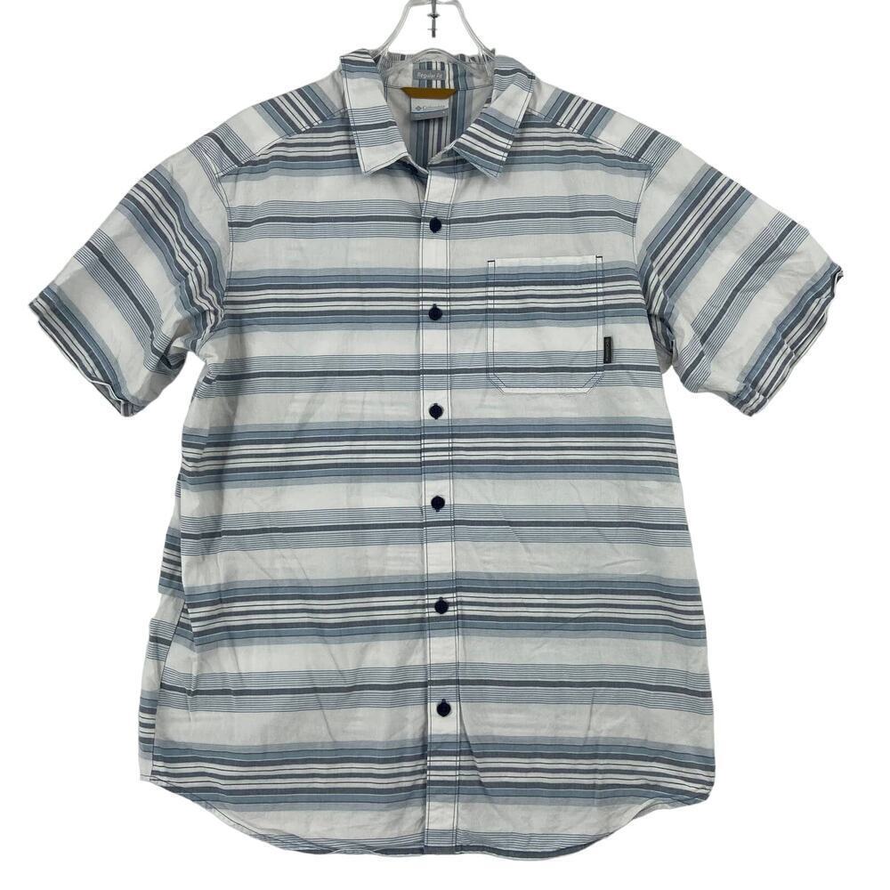 Columbia Button Shirt Mens L Glue Gray Stripe Regular Fit Pocket Short Sleeve